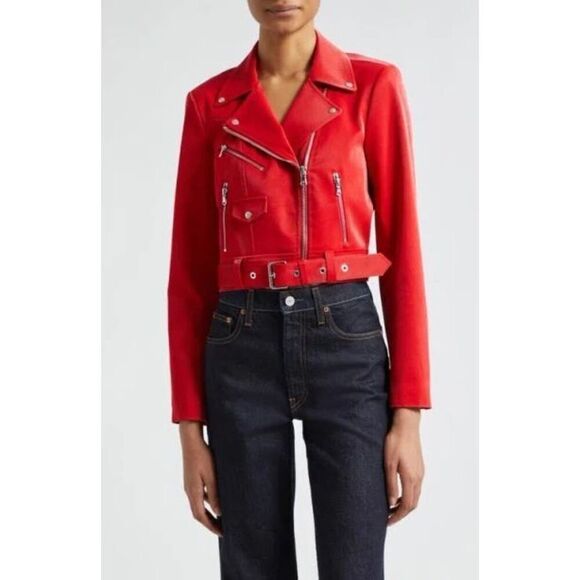 NEW Cinq a Sept Women's Zoe Faux Leather Sangria Moto Jacket Red Size Small NWOT - Picture 1 of 8